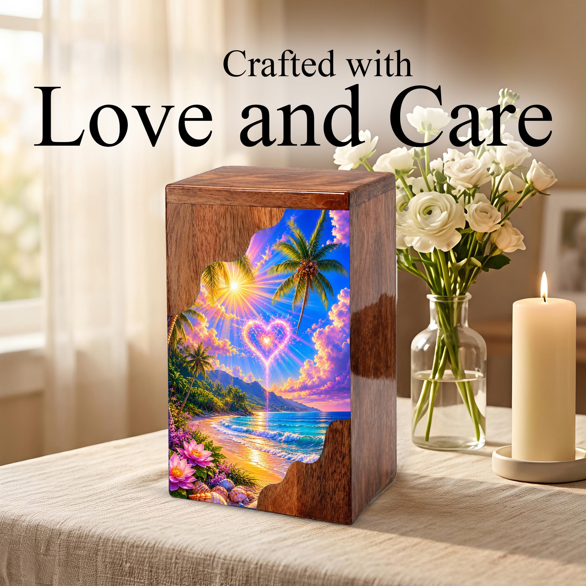 Tropical Beach Wooden Cremation Urn – Heart Sky Memorial Urn with Ocean Sunset Design