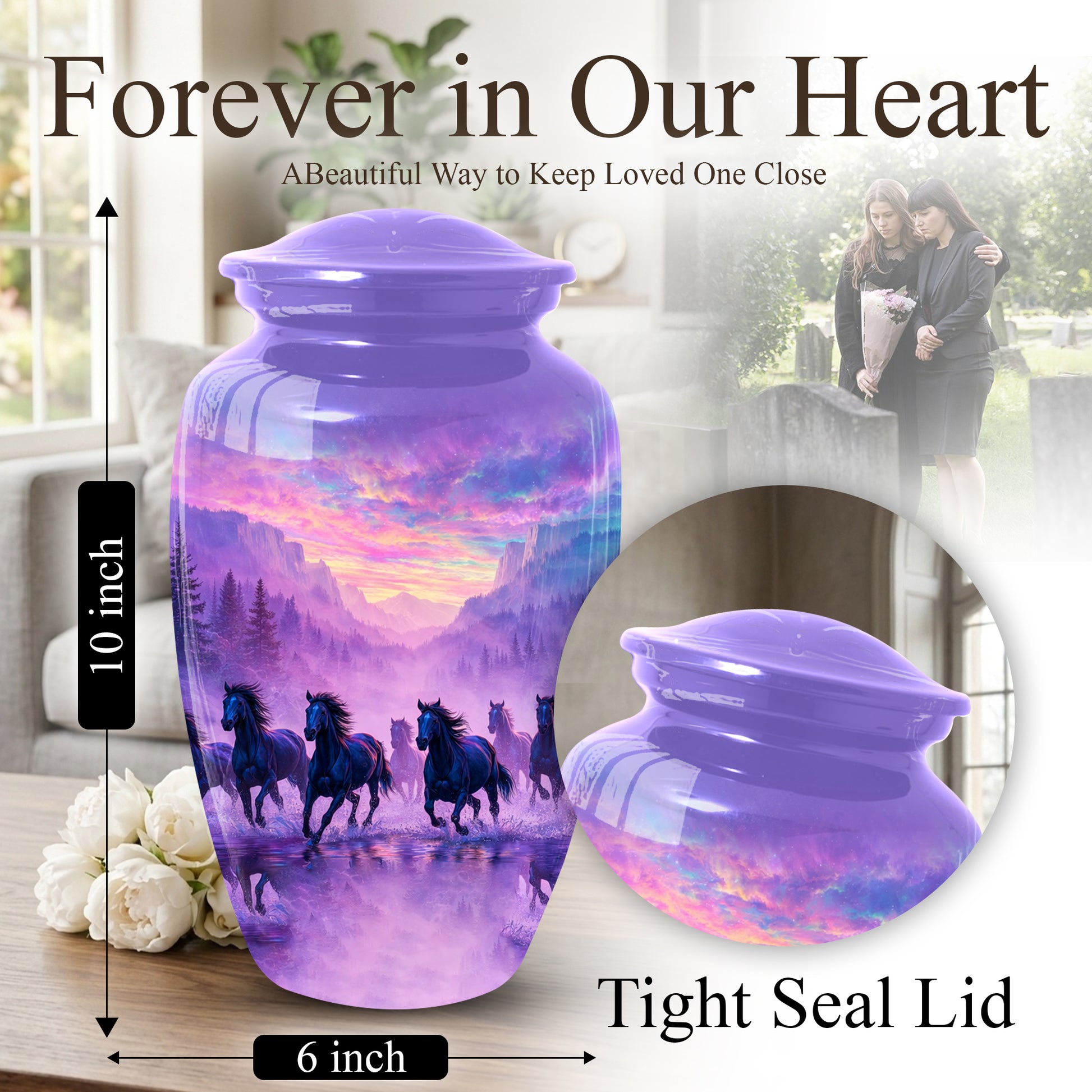 Horse Large Urn for Dad, Running Horses Cremation Urn for Ashes, Memorial Urn for Father