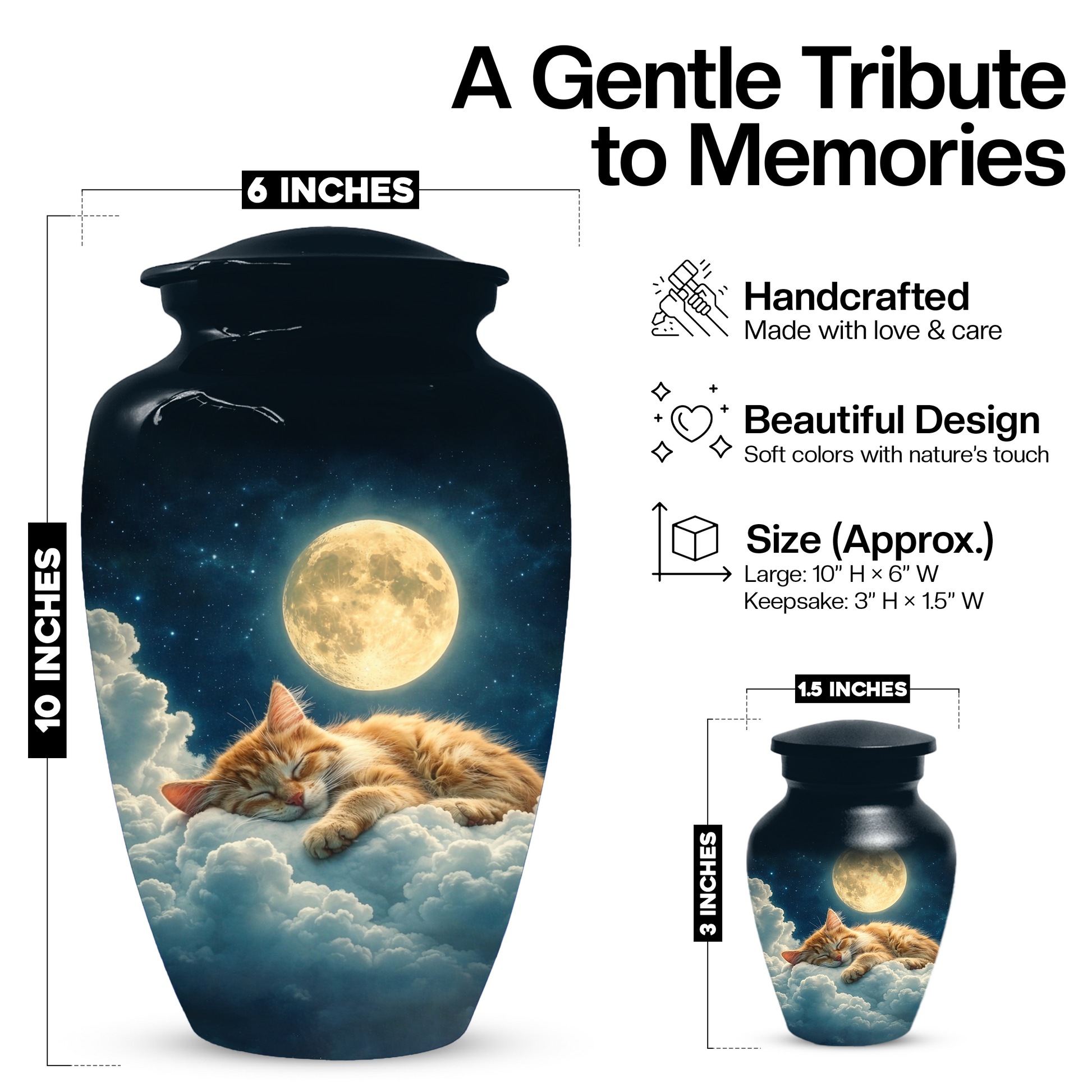 Cat Memorial Urn for Mom | Moon Cat Cremation  Large Urn for Ashes- Funeral Keepsake Urn