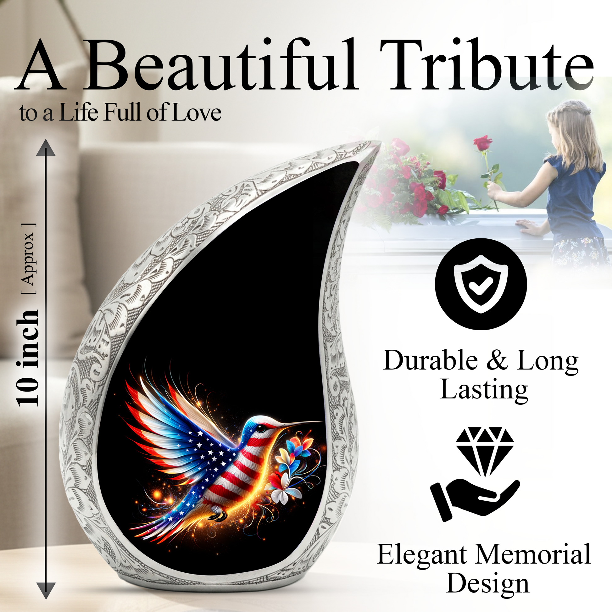 Patriotic Hummingbird Urn for Mom | Adult Cremation Urn for Ashes