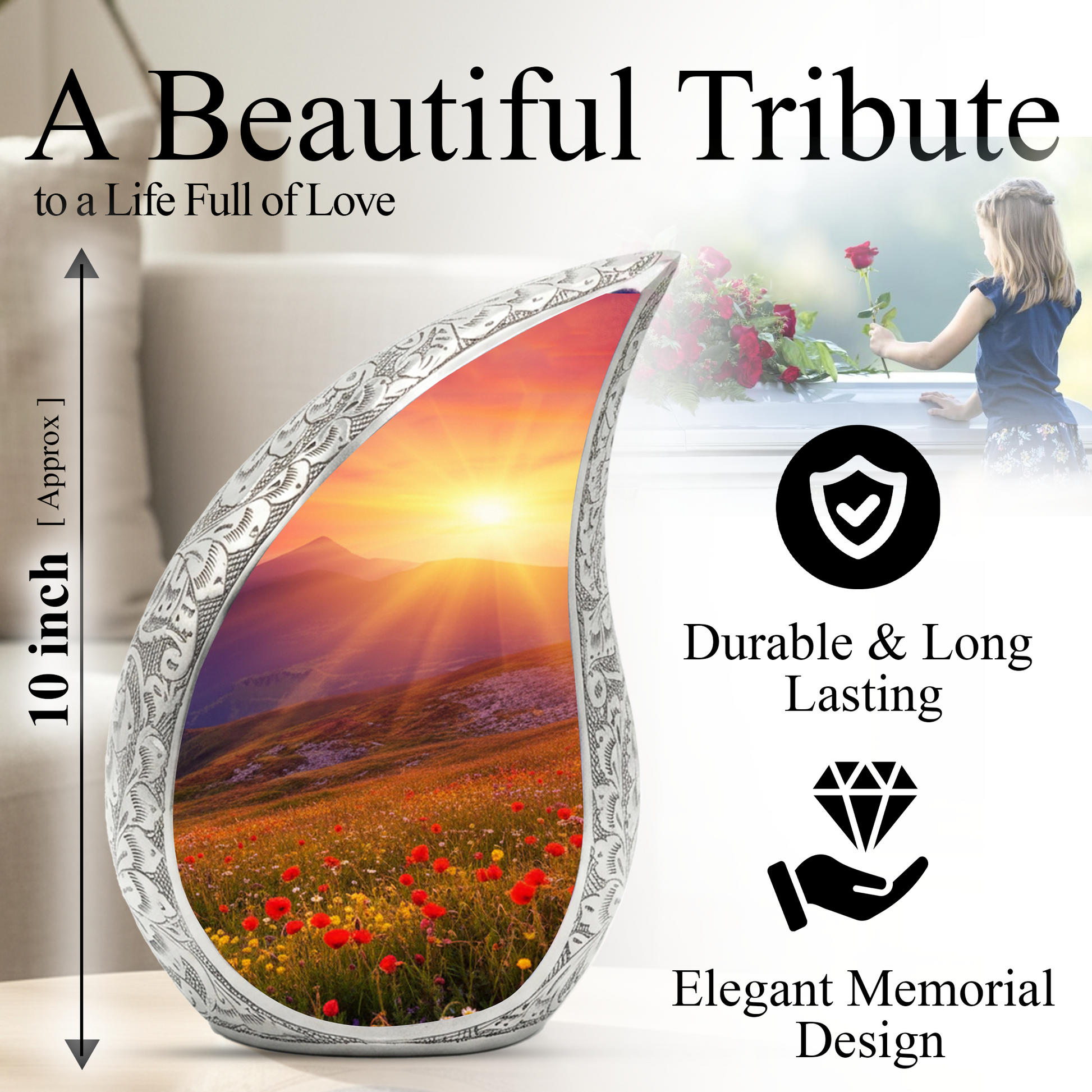 Sunrise Personalized Cremation Urn – Teardrop Style Aluminum Memorial Urn, 10 Inch
