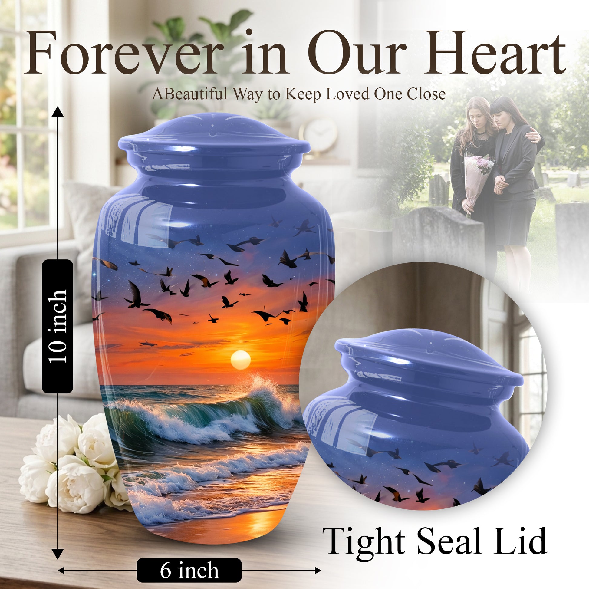 Ocean Sunset Urn for Mom | Beach Cremation Large Urn for Mother  | Coastal Funeral Urn for Human Ashes