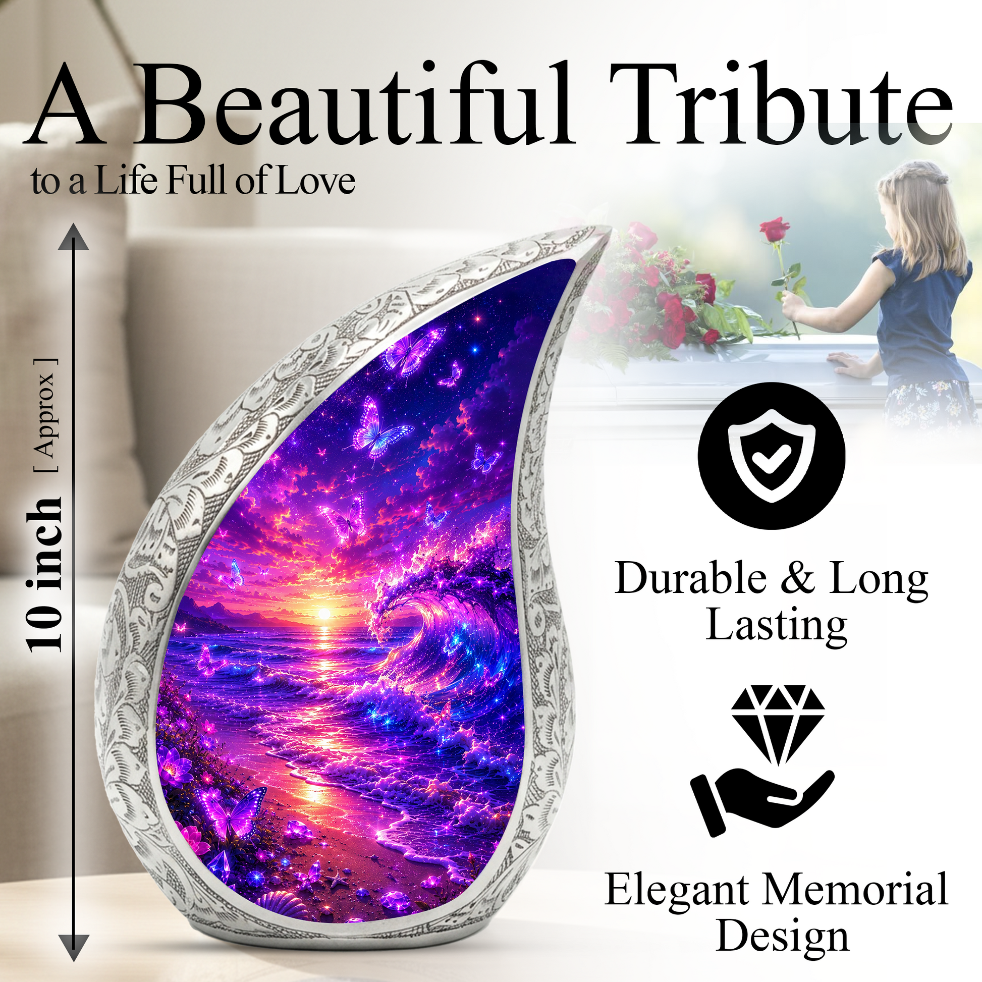 Butterfly Beach Cremation Urn for Adult Ashes | Beautiful Ocean Wave & Sunset Memorial Urn