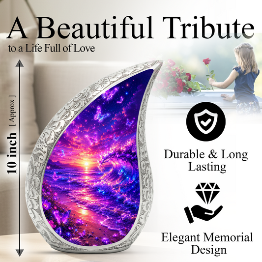 Butterfly Beach Cremation Urn for Adult Ashes | Beautiful Ocean Wave & Sunset Memorial Urn