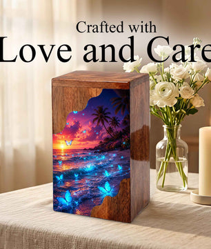 Butterfly Beach Wooden Cremation Urn – Sunset Ocean Memorial Urn for Mom