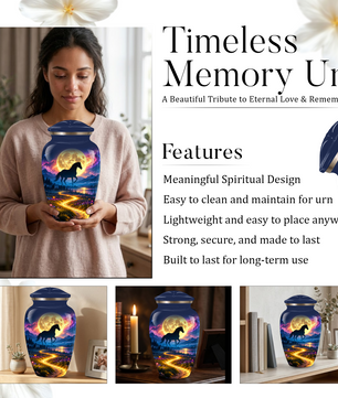 Personalized Adult Cremation Urn for Ashes, Black Horse Under Golden Moon Memorial Urn