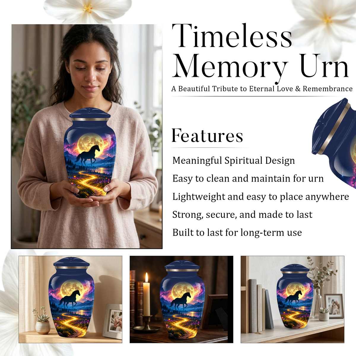 Personalized Adult Cremation Urn for Ashes, Black Horse Under Golden Moon Memorial Urn
