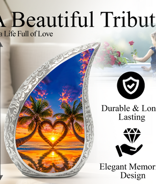 Palm Tree Heart Memorial Keepsake Urn for Mom – Personalized Cremation Urn for Human Ashes | Beach Sunset Memorial Urn