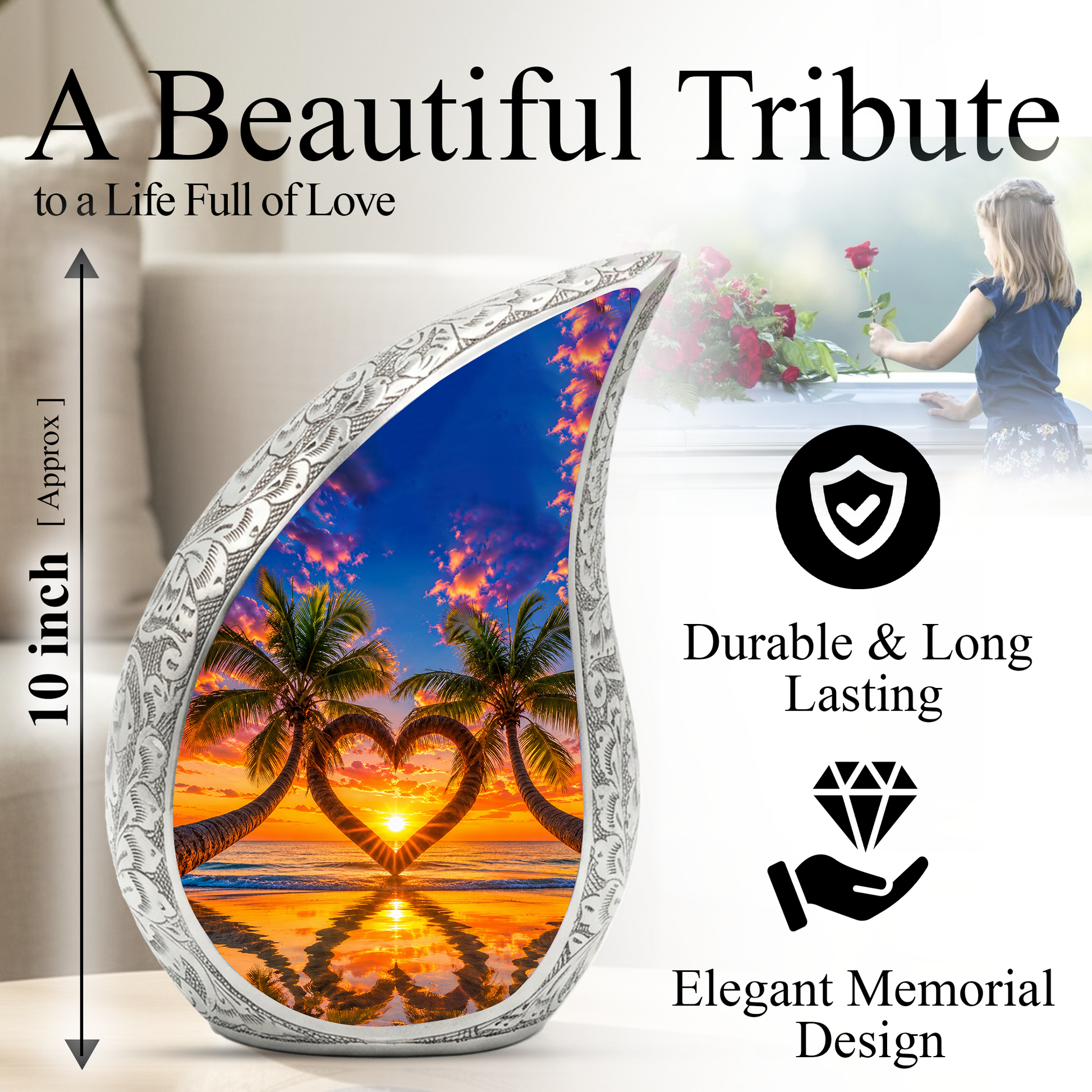 Palm Tree Heart Memorial Keepsake Urn for Mom – Personalized Cremation Urn for Human Ashes | Beach Sunset Memorial Urn