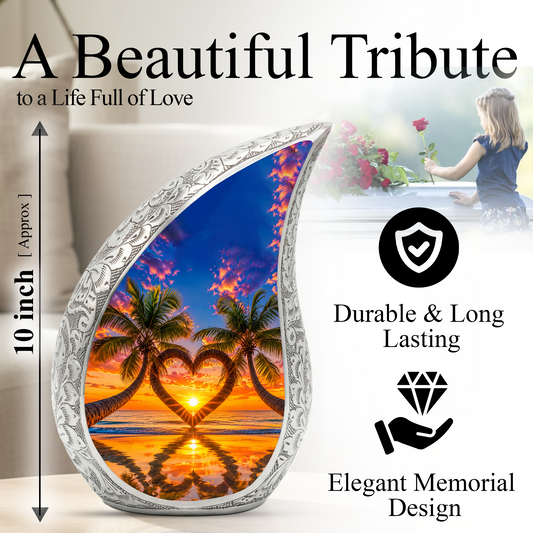 Palm Tree Heart Memorial Keepsake Urn for Mom – Personalized Cremation Urn for Human Ashes | Beach Sunset Memorial Urn