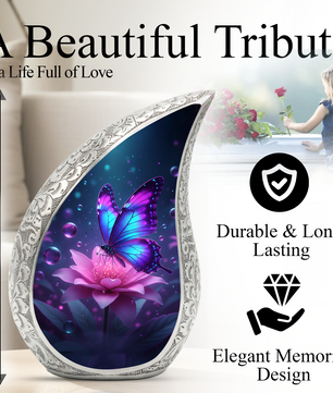 Butterfly Personalized Cremation Urn for Mom – Teardrop Style Aluminum Memorial Urn, 10 Inch