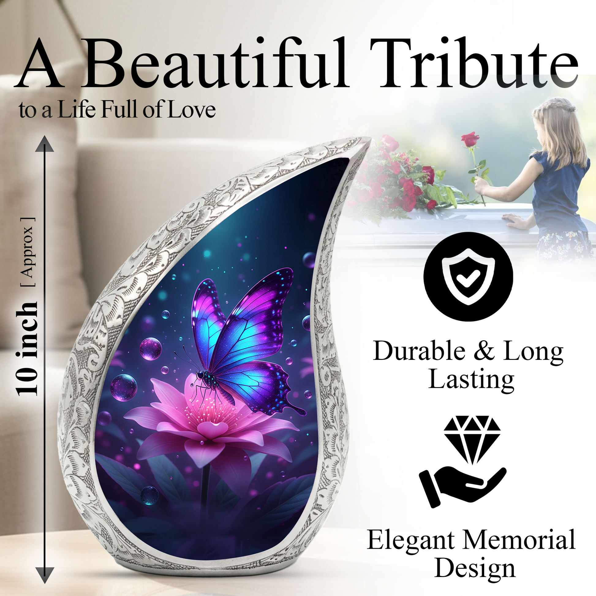 Butterfly Personalized Cremation Urn for Mom – Teardrop Style Aluminum Memorial Urn, 10 Inch