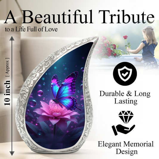 Butterfly Personalized Cremation Urn for Mom – Teardrop Style Aluminum Memorial Urn, 10 Inch