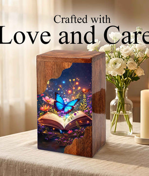 Wooden Cremation Urn – Butterfly Memorial Urn | Book of Memories Wooden Urn for Human Ashes