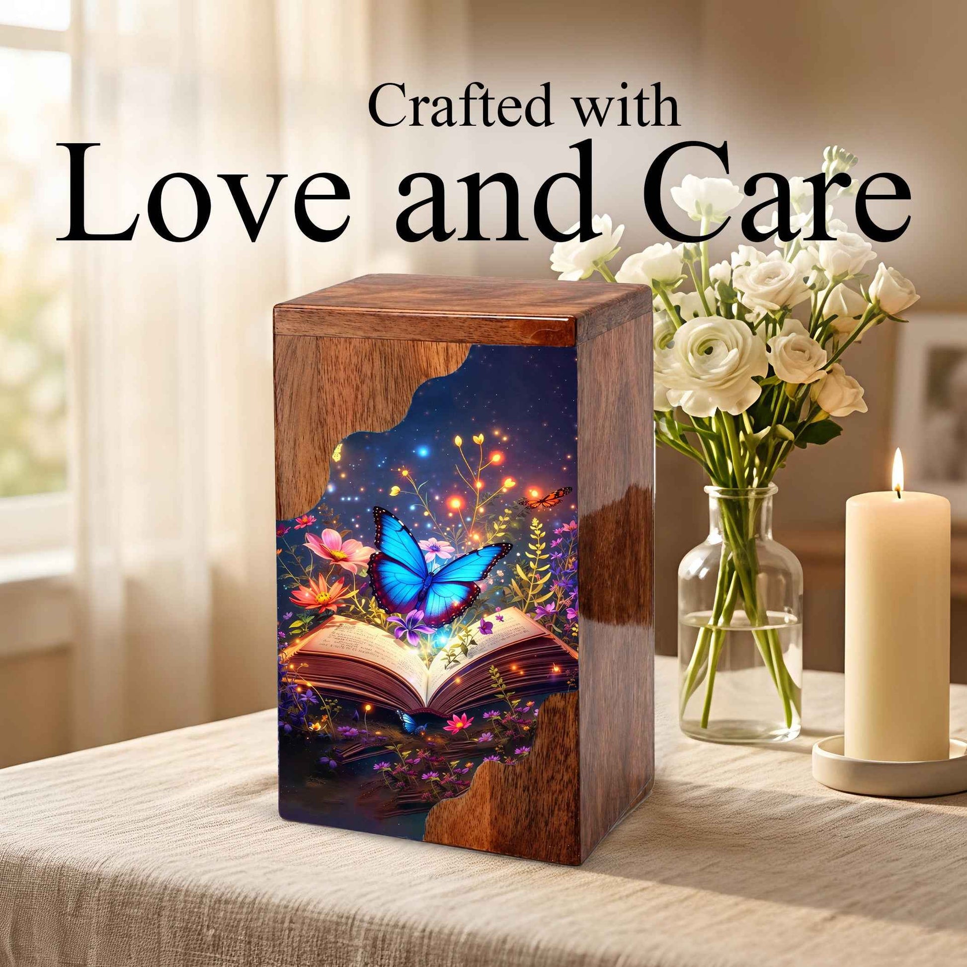 Wooden Cremation Urn – Butterfly Memorial Urn | Book of Memories Wooden Urn for Human Ashes