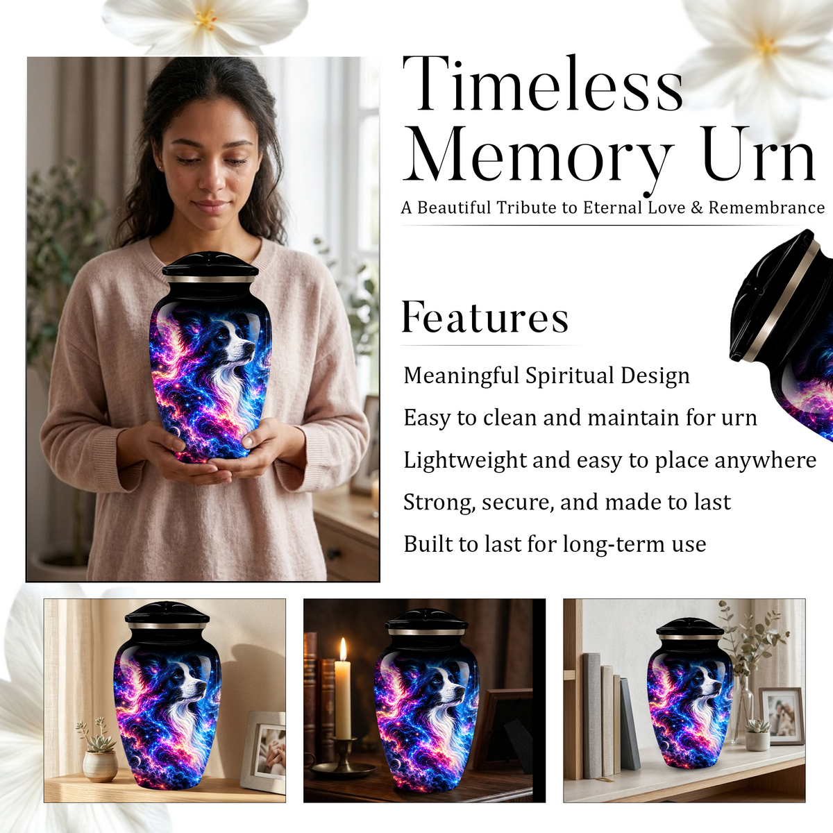 Cosmic Border Collie Cremation Urn for Adult Ashes, Black and White Dog Memorial Urn with Glowing Blue Pink Galaxy and Celestial Stars Artwork