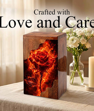 Fiery Rose Wooden Cremation Urn – Personalized Memorial Urn for Human Ashes