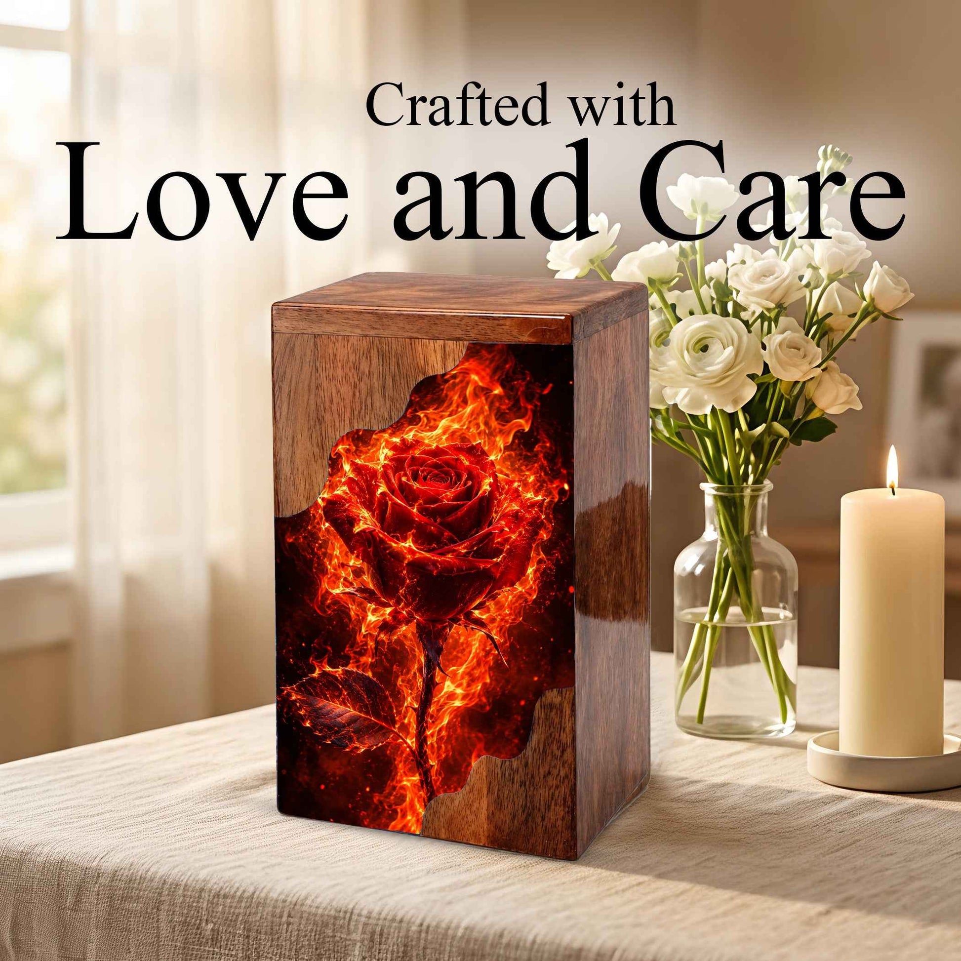 Fiery Rose Wooden Cremation Urn – Personalized Memorial Urn for Human Ashes