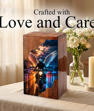 Motorcycle Wooden Cremation Urn – Memorial Urn for Dad Ashes | Biker Angel Wings Wooden Urn