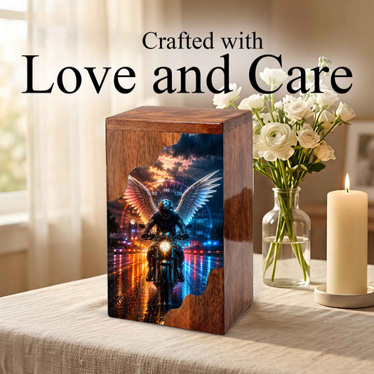 Motorcycle Wooden Cremation Urn – Memorial Urn for Dad Ashes | Biker Angel Wings Wooden Urn
