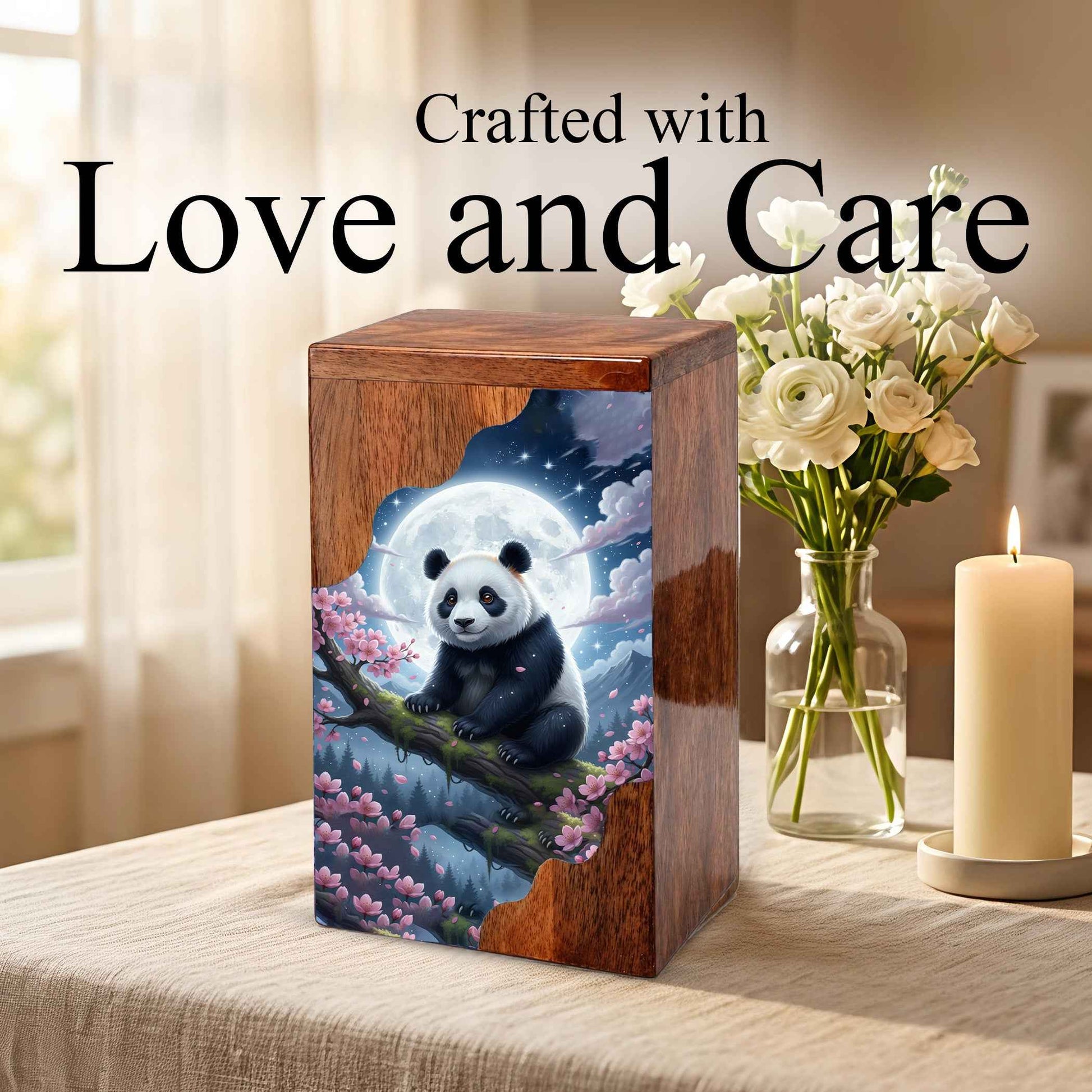 Wooden Cremation Urn – Moonlit Panda Memorial Urn | Custom Memorial Urn for Mom, Dad & Loved Ones