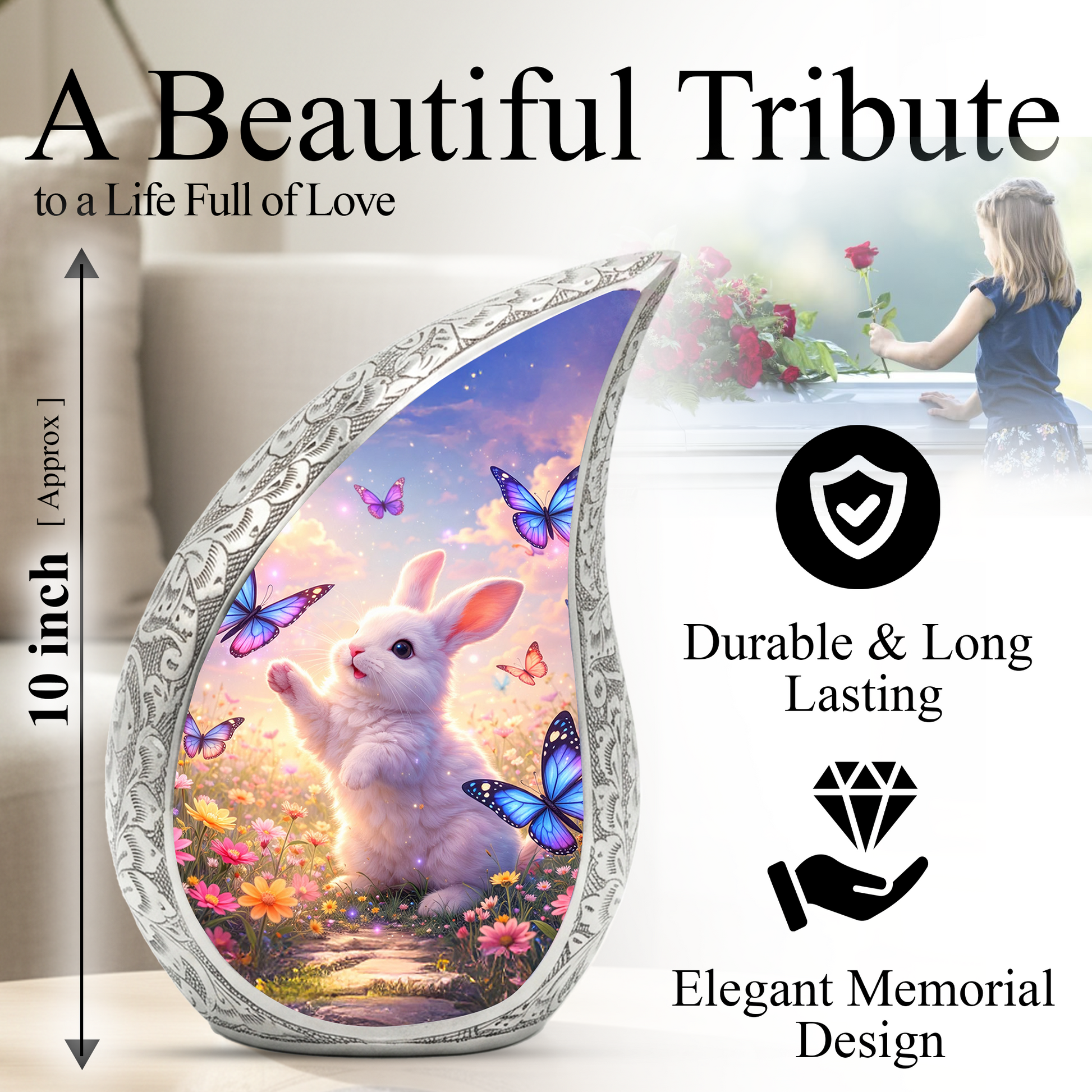 Personalized Cat Cremation Urn – Butterfly Garden Teardrop Memorial Urn, 10 Inch Aluminum