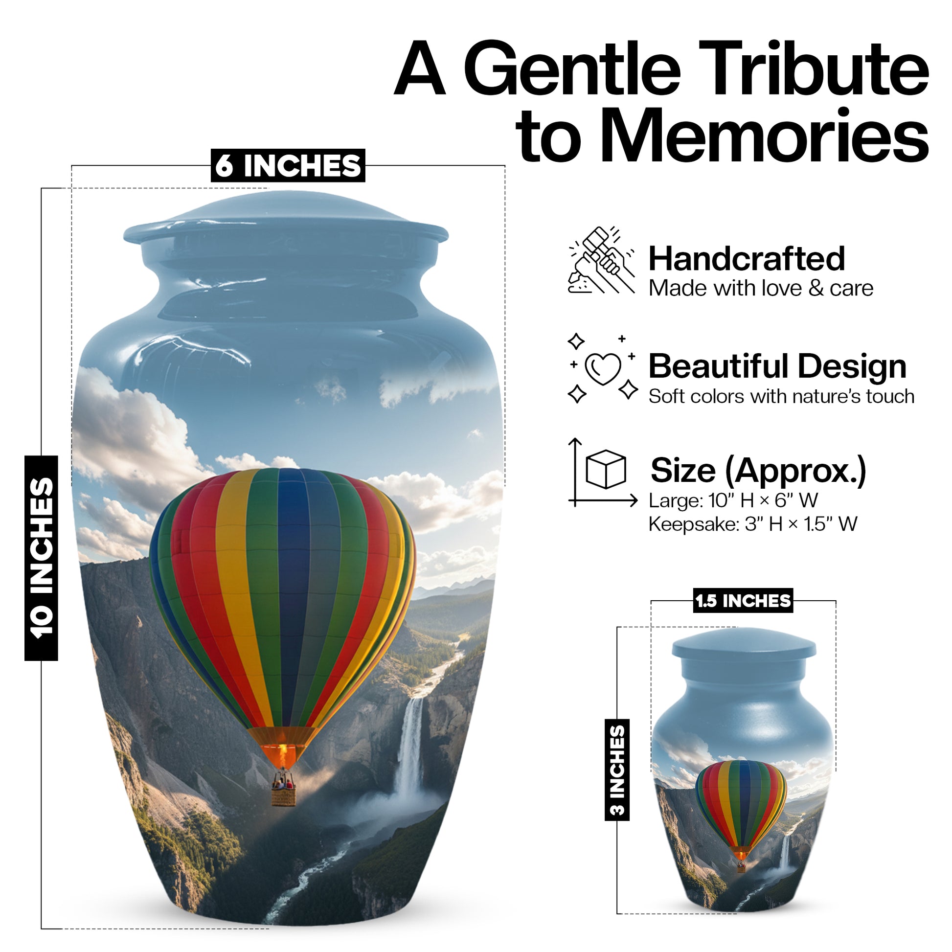 Hot Air Balloon Cremation Urn for Adult Ashes | Scenic Mountain & Waterfall Memorial Adult Urn