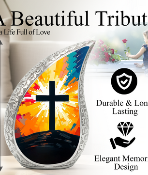 Cross Personalized Cremation Urn – Christian Memorial Teardrop Urn for Ashes | 10 Inch Aluminum Adult Urn