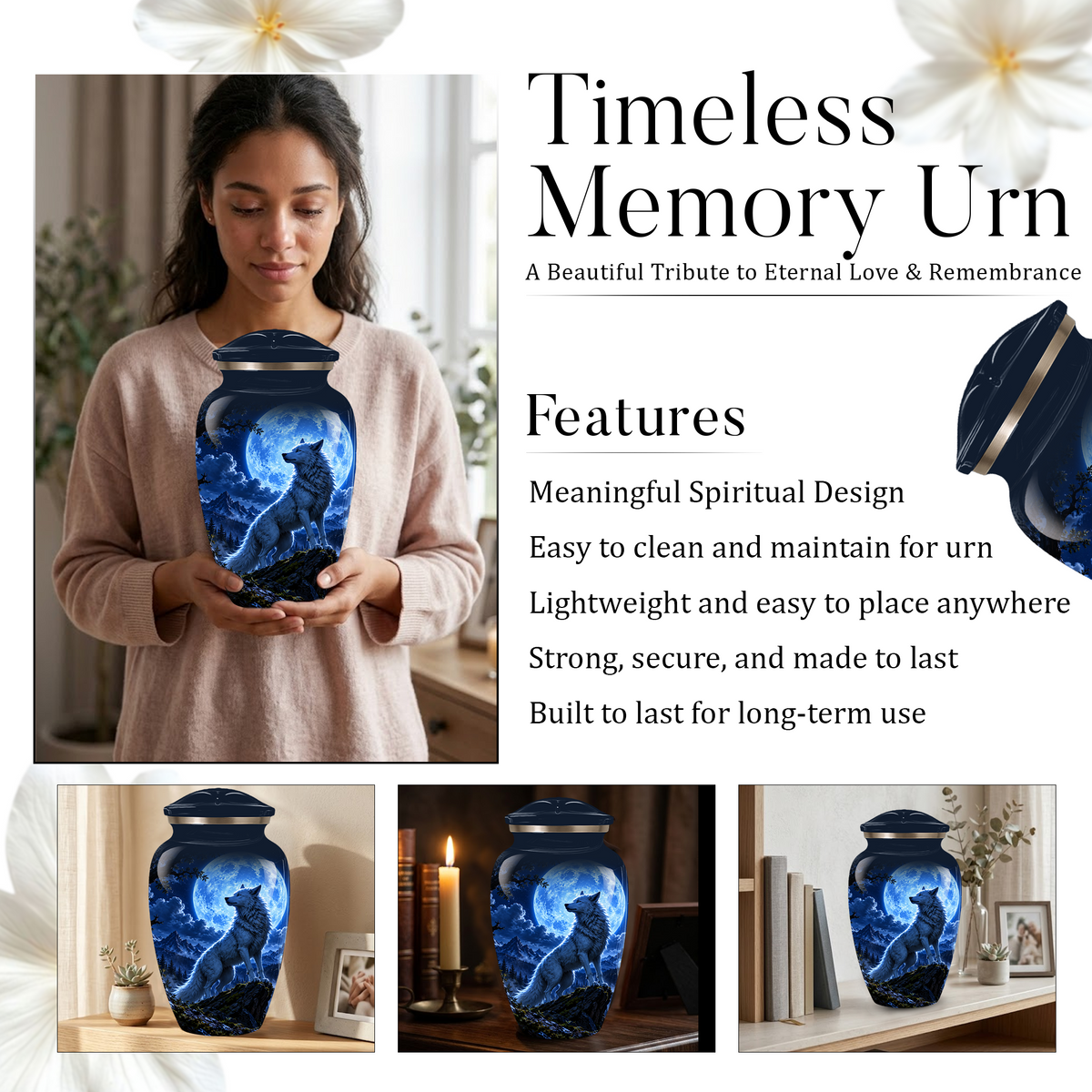 Personalized Adult Cremation Urn for Ashes, Custom Blue Wolf Moon Memorial Urn, Wildlife Cremation Urn
