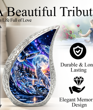 Wolf and Eagle Cremation Urn for Ashes, Wildlife Memorial Urn, Wolf Moon Adult Urn