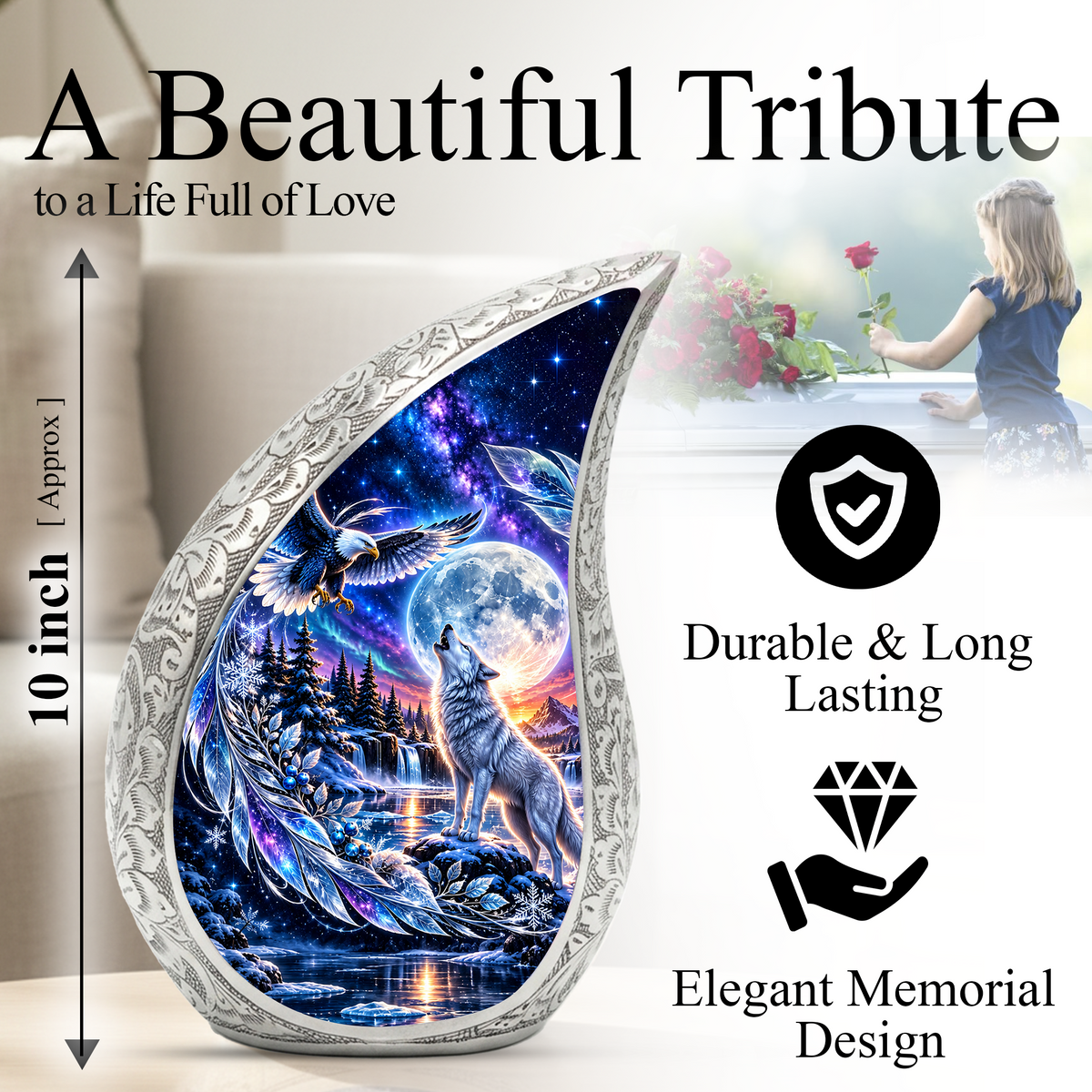 Wolf and Eagle Cremation Urn for Ashes, Wildlife Memorial Urn, Wolf Moon Adult Urn