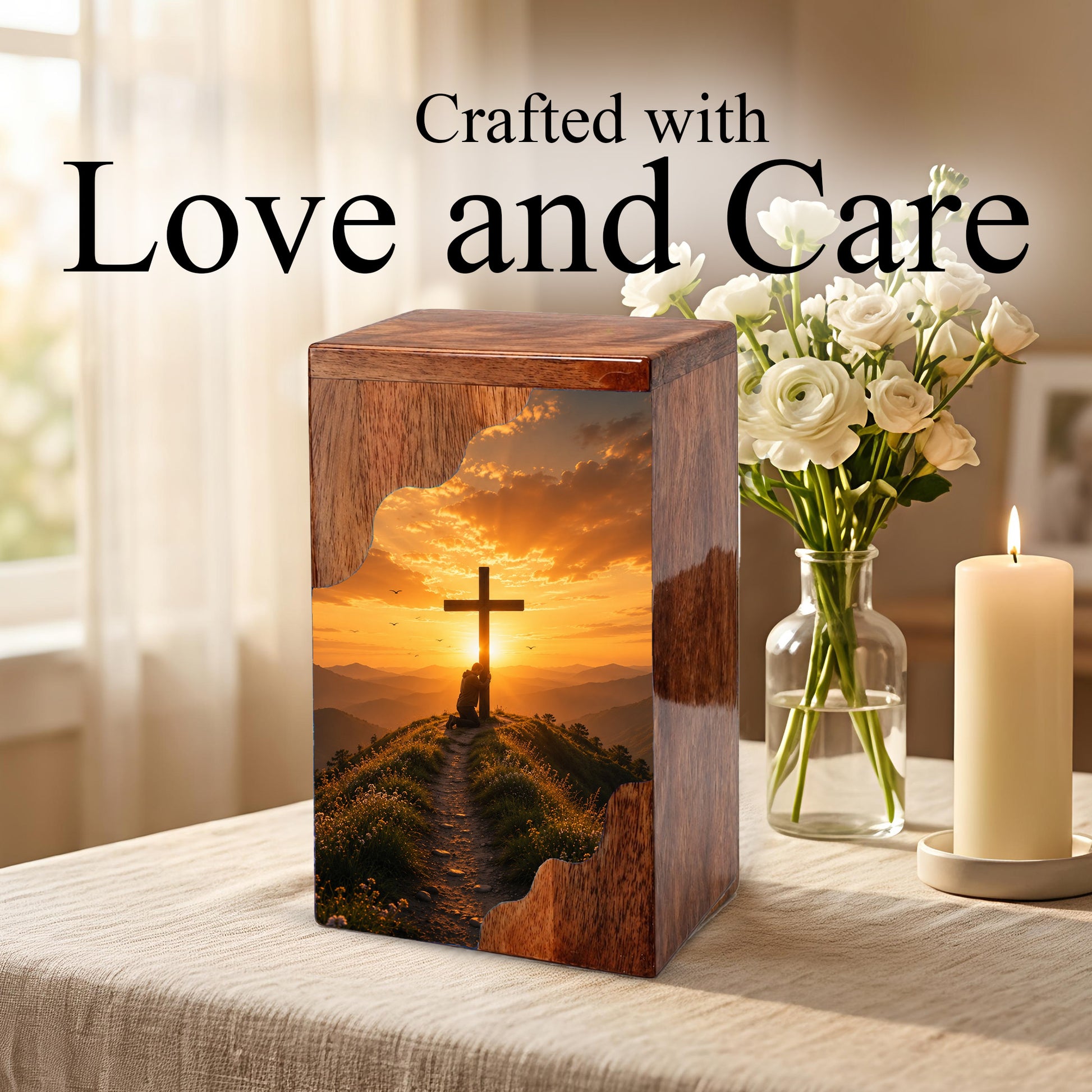 Cross Wooden Cremation Urn – Christian Memorial Urn for Human Ashes