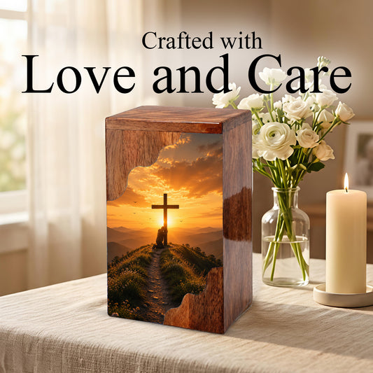 Cross Wooden Cremation Urn – Christian Memorial Urn for Human Ashes