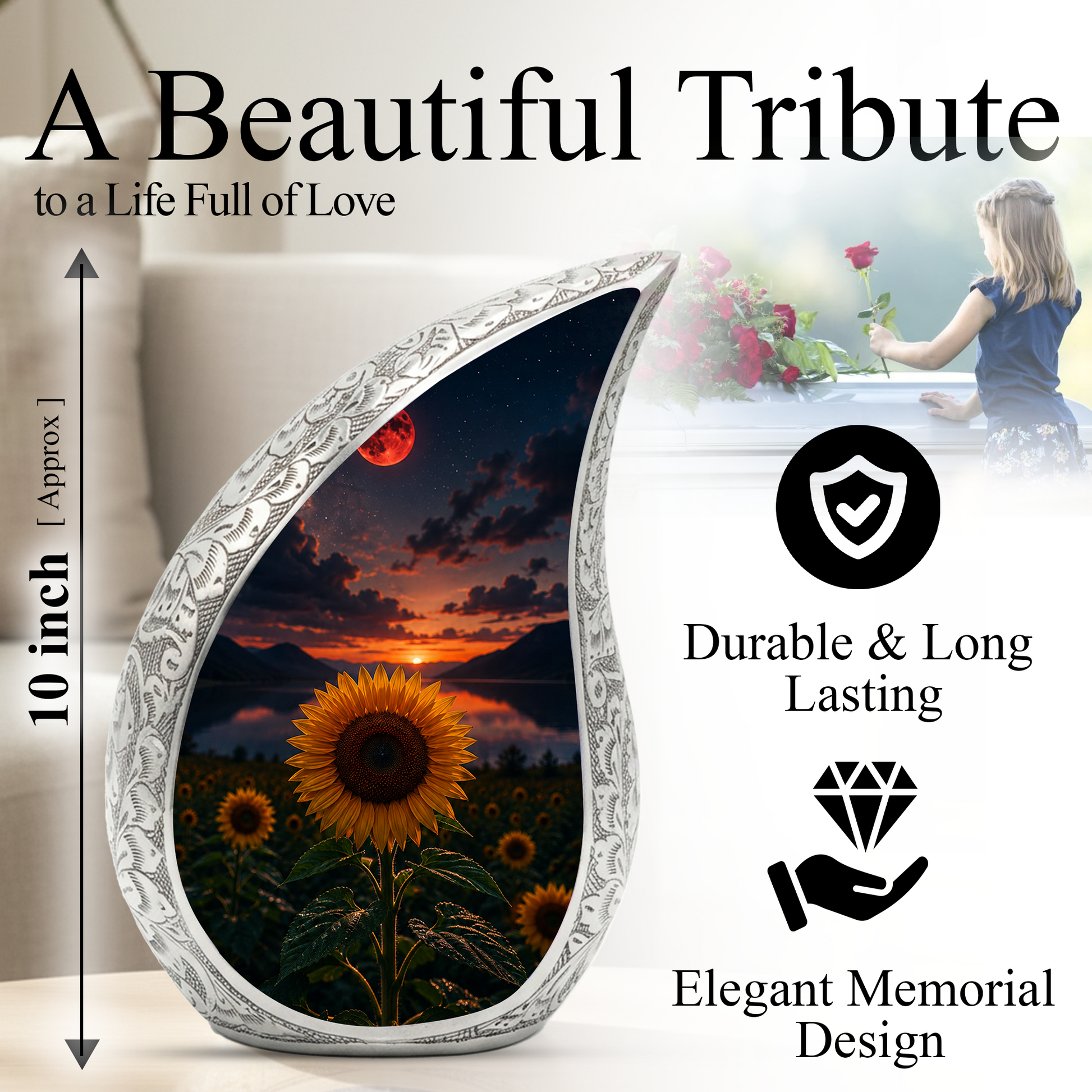 Sunflower Urn for Human Ashes | Beautiful Floral Cremation Urn for Mom & Women