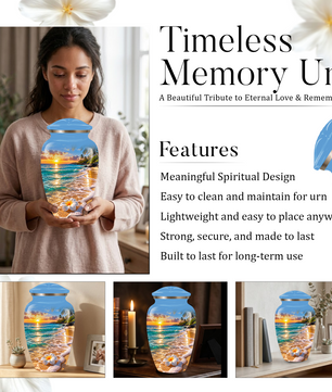 Tropical Beach Sunset Memorial Urn, Plumeria Flower Urn for Human Ashes