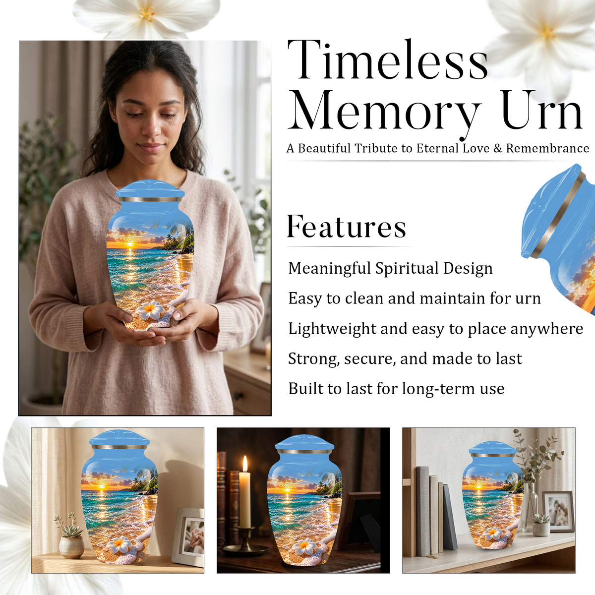 Tropical Beach Sunset Memorial Urn, Plumeria Flower Urn for Human Ashes