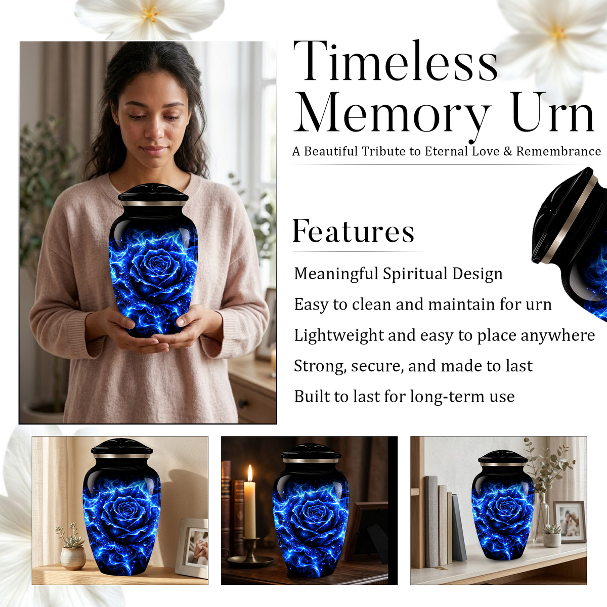 Blue Rose Cremation Urn for Ashes | Personalized Memorial Urn for Human Ashes | Handmade Aluminum Adult Urn