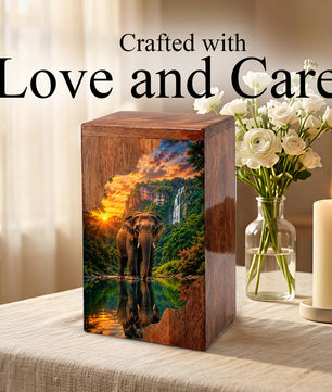 Elephant Wooden Cremation Urn – Waterfall Memorial Urn for Human Ashes