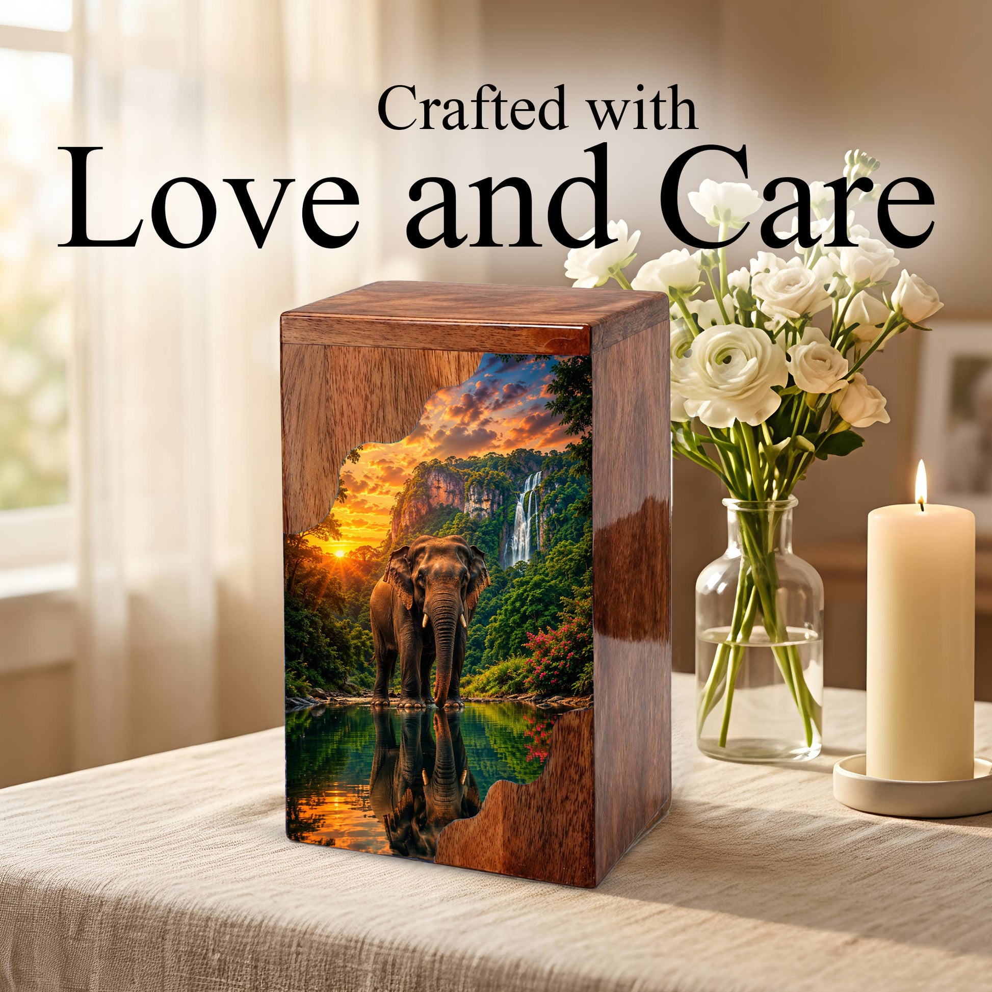 Elephant Wooden Cremation Urn – Waterfall Memorial Urn for Human Ashes