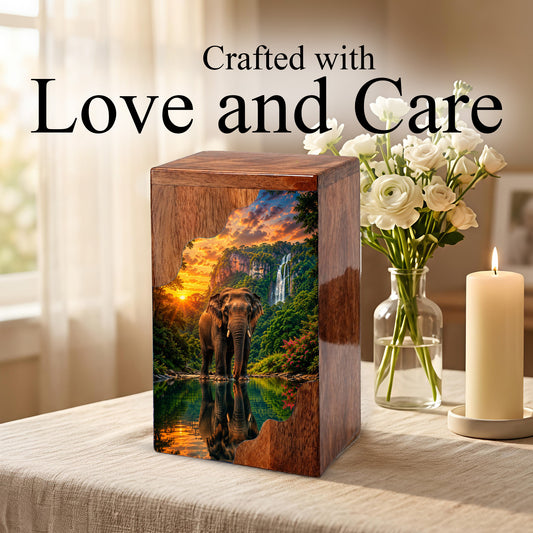 Elephant Wooden Cremation Urn – Waterfall Memorial Urn for Human Ashes