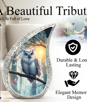 Enchanted Owl Personalized Cremation Urn – Teardrop Memorial Urn for Ashes | 10 Inch Aluminum Adult Urn