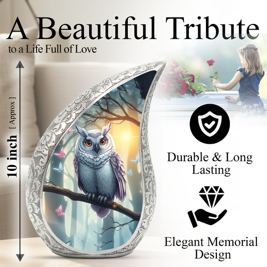 Enchanted Owl Personalized Cremation Urn – Teardrop Memorial Urn for Ashes | 10 Inch Aluminum Adult Urn
