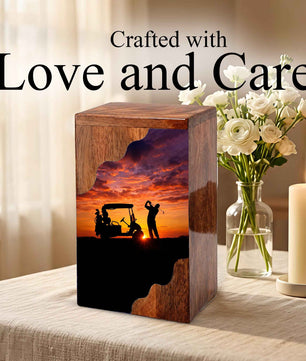 Personalized Golf Wooden Cremation Urn – Sunset Golf Memorial Urn | Custom Wooden Urn for Dad