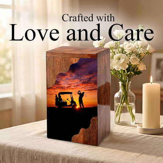 Personalized Golf Wooden Cremation Urn – Sunset Golf Memorial Urn | Custom Wooden Urn for Dad