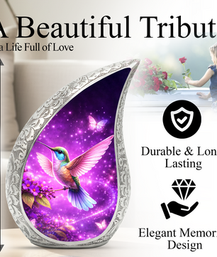 Hummingbird Personalized Cremation Urn – Teardrop Style Aluminum Memorial Urn, 10 Inch