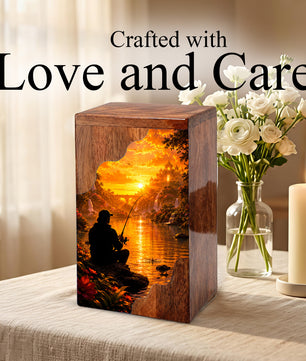 Eternal Waters Fishing Wooden Cremation Urn – Personalized Memorial Urn for Human Ashes