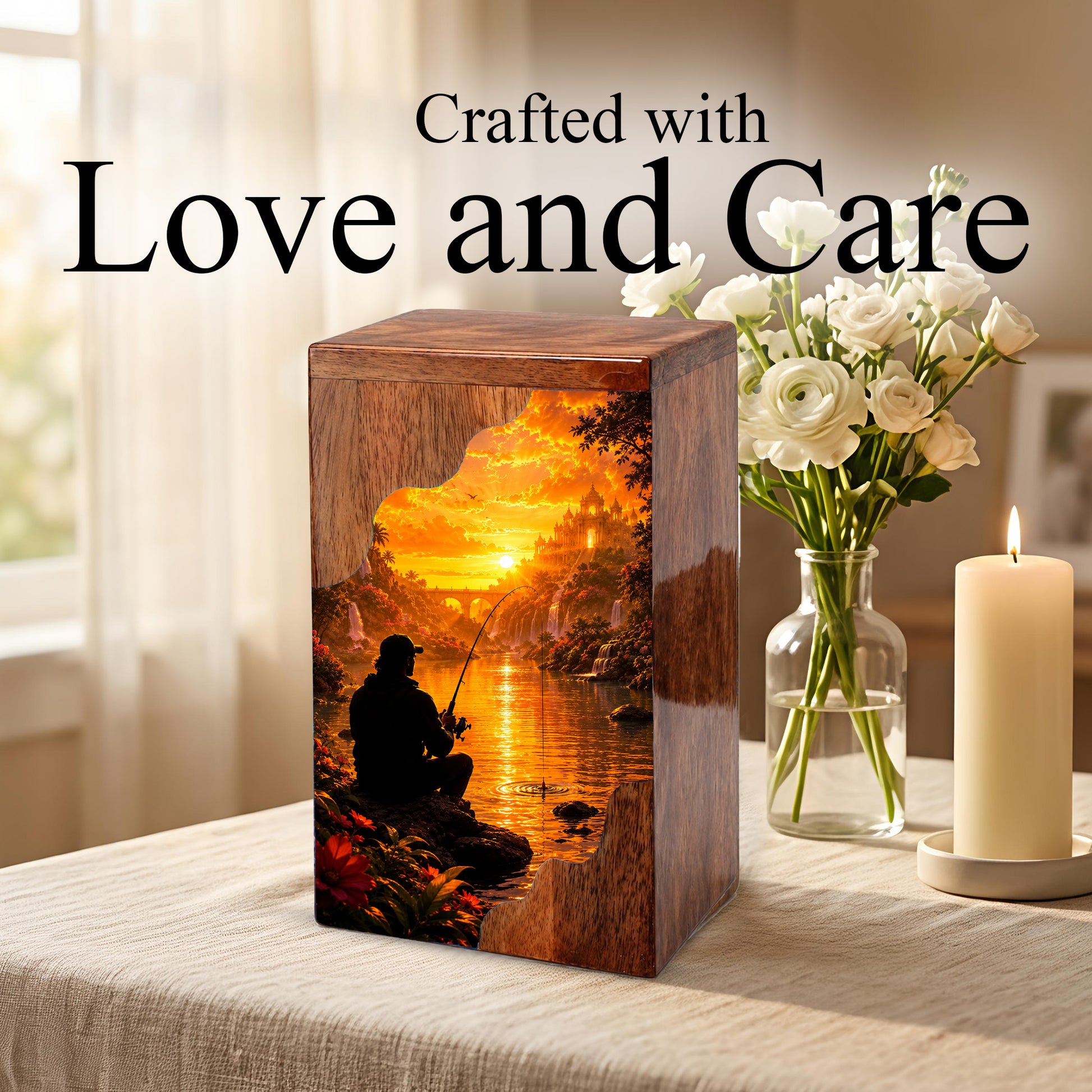 Eternal Waters Fishing Wooden Cremation Urn – Personalized Memorial Urn for Human Ashes