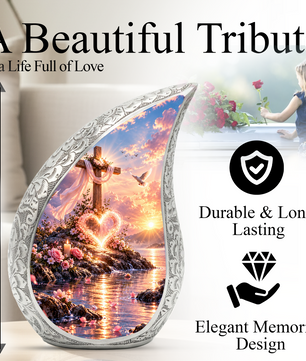 Christian Cross Cremation Urn for Adult Ashes, Sunset Memorial Urn with Dove and Glowing Heart, Religious Urn for Mom or Dad