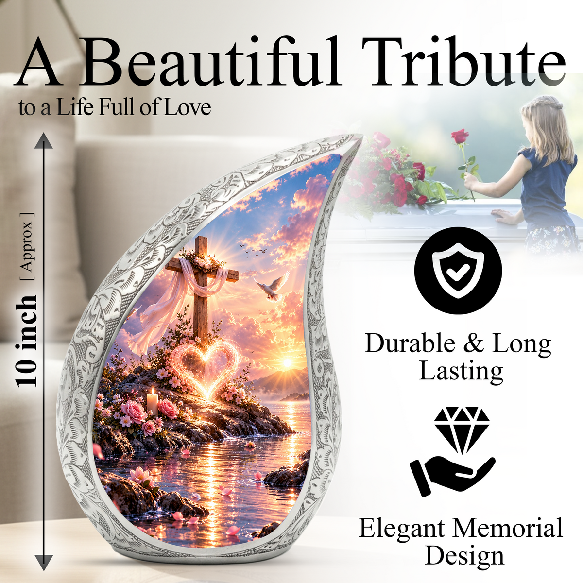 Christian Cross Cremation Urn for Adult Ashes, Sunset Memorial Urn with Dove and Glowing Heart, Religious Urn for Mom or Dad