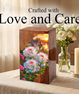 Floral Wooden Cremation Urn – Rose Memorial Urn for Human Ashes